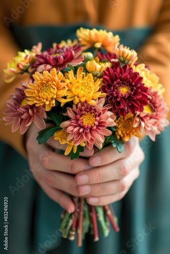 A woman hands gently hold a vibrant bouquet of chrysanthemums