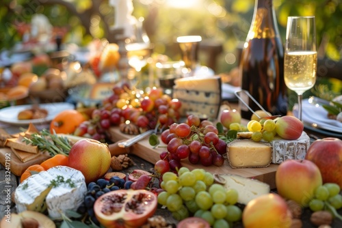 Sunlit orchard with a rustic table laden with fresh fruits, artisanal cheeses, and a sparkling cider, showcasing a bounty of natural colors and textures, ai generated