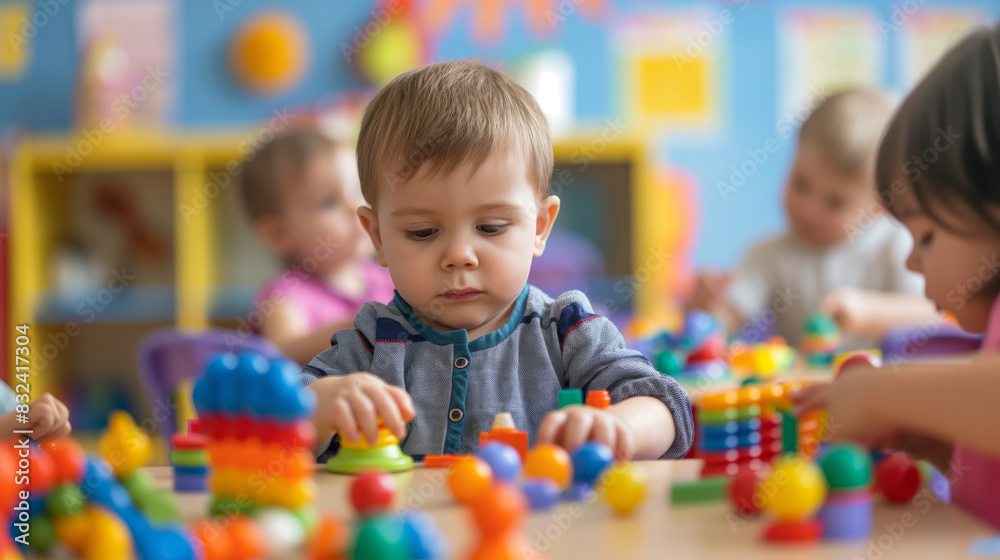 A toddler is engrossed in playing with a variety of colorful educational toys in a vibrant nursery setting A toddler is engrossed in playing with a variety of colorful educational toys in a vibrant nursery setting