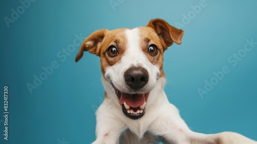 Happy Dog Taking a Selfie on Blue Background © irissca