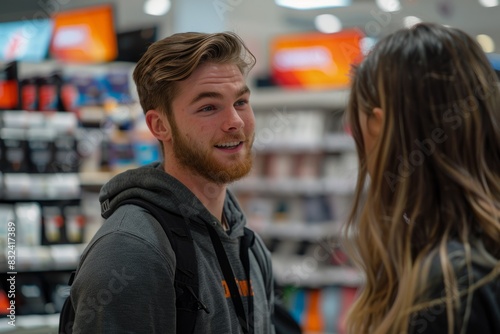 Young Man and Woman Engaging in Friendly Conversation at a Modern Retail Store
