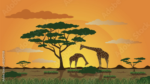 Safari vector. Giraffe on the background of the African sun. Nature safari.