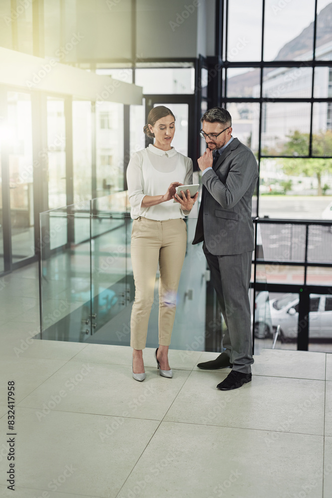 Meeting, discussion and business people with tablet in office for feedback, report review or project proposal. Lens flare, corporate consultant and staff for conversation, collaboration or teamwork