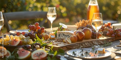 Sunlit orchard with a rustic table laden with fresh fruits  artisanal cheeses  and a sparkling cider  showcasing a bounty of natural colors and textures  ai generated