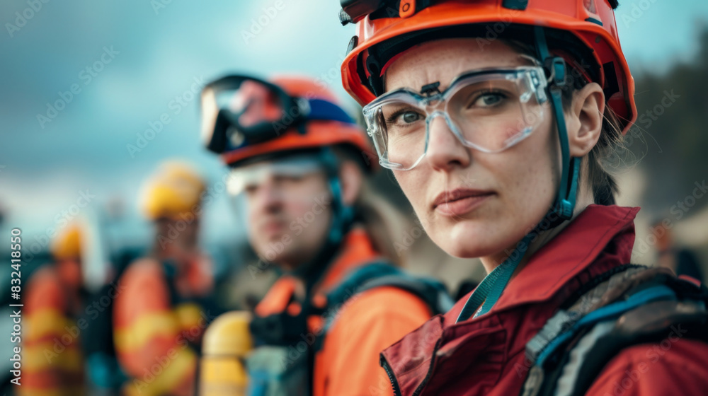 Close-up of a female rescue worker in safety gear, focused and ready, with blurred colleagues in the background. Close-up of a female rescue worker in safety gear, focused and ready, with blurred colleagues in the background.