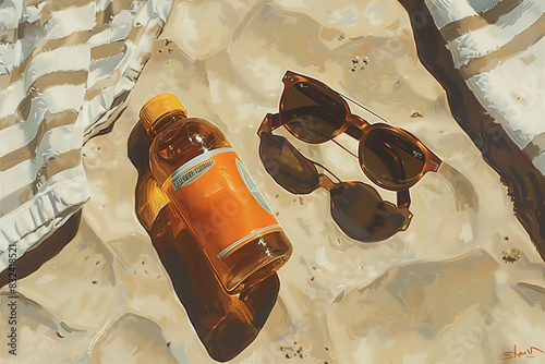 Plane detail from above of sunglasses and a bottle of sunscreen