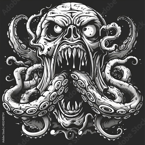 A black and white drawing of an octopus displaying its intricate tentacles with its mouth wide open