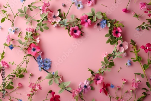Top view, flat lay. Spring, summer or garden concept. Present for Woman Day with pink flowers and paper heart.