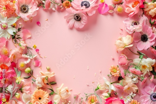 Layout with pink flowers  paper heart over pastel background. Top view  flat lay. Spring  summer or garden concept.