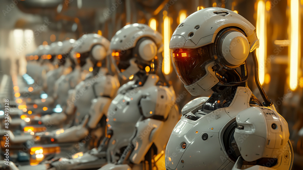 Robotic assembly line, illustrating futuristic concepts of technology, automation, and artificial intelligence. Robotic assembly line, illustrating futuristic concepts of technology, automation, and artificial intelligence.