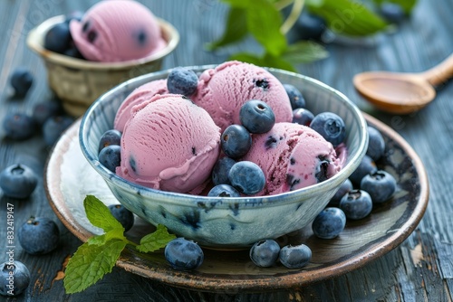 Delicious creamy ice cream with fresh blueberries presented in a transparent cup