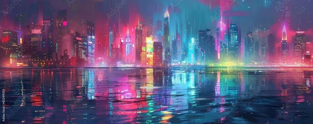 Fototapeta premium Neon city skyline reflecting on a river, bright hues, photorealistic, digital painting, vibrant and serene,