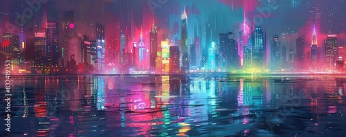 Neon city skyline reflecting on a river, bright hues, photorealistic, digital painting, vibrant and serene,