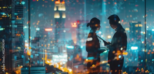 Business people standing in an office and holding documents with a cityscape at night background