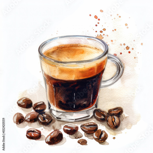 Espresso Cup with Coffee Beans in Watercolor Style. A detailed watercolor illustration of an espresso cup with frothy crema, accompanied by scattered coffee beans on a light background.