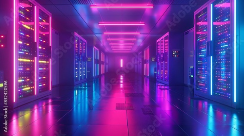 Neon lights illuminate a futuristic server room with rows of data storage racks.