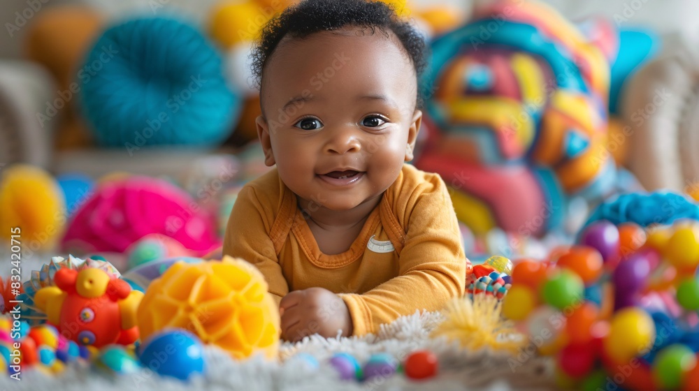 Obraz premium Adorable Baby Surrounded by Colorful Rattles and Toys on Soft Blanket in a Playful Setting