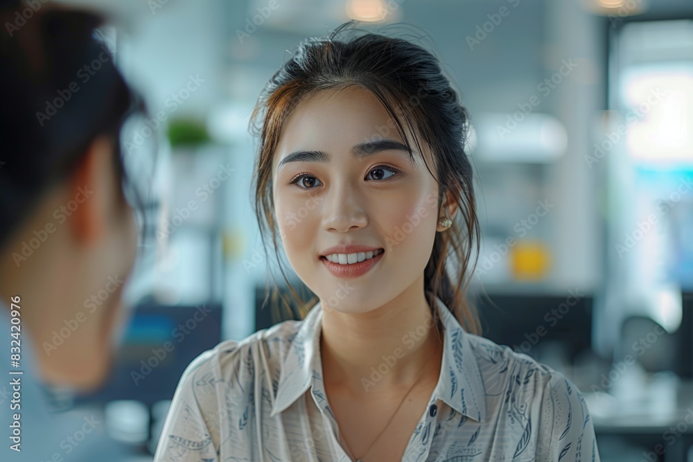 Smiling Young Woman Engaging in a Conversation at a Modern Office Smiling Young Woman Engaging in a Conversation at a Modern Office