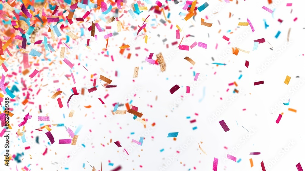 Three-dimensional rendering of a multicolor confetti abstract background, with a lot of falling pieces and a white background. Festive decorative tinsel element for a design.