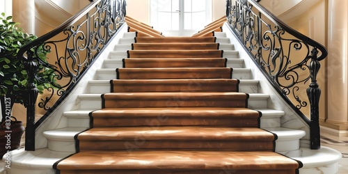 Luxurious home entrance with terracotta carpeted stairs classic iron railing warm accents. Concept Luxurious Home Decor  Terracotta Stairs  Classic Iron Railing  Warm Accents
