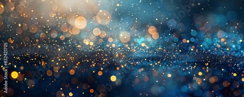 Abstract glitter lights on blue, gold, and black backgrounds. Banner without focus. photo