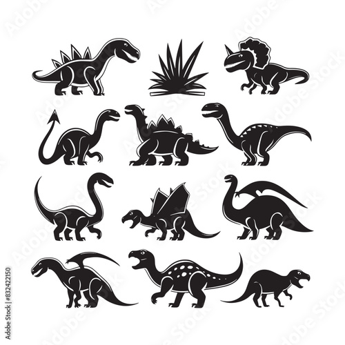 Black dinasour silhouette set white Background
