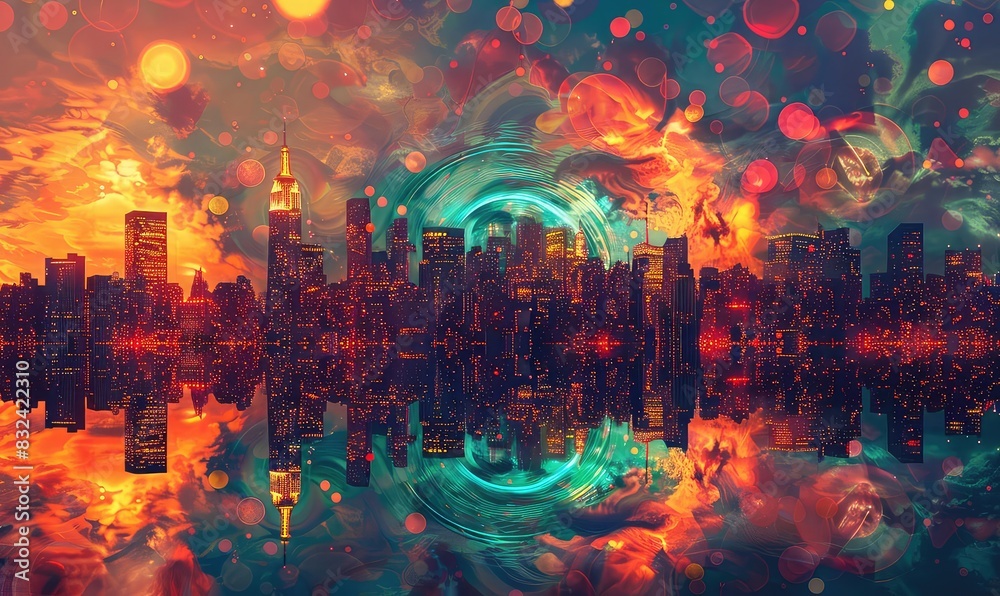 Obraz premium Psychedelic city skyline with swirling abstract colors and patterns, vibrant and surreal, digital art, dreamlike and hypnotic,