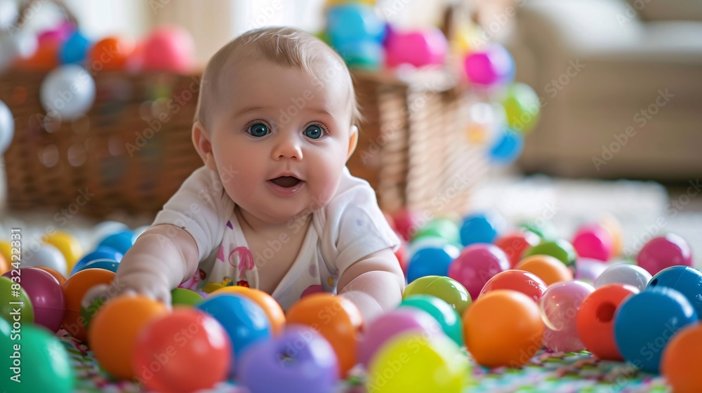 Curious Baby Playing with Soft Colorful Balls in Basket on Play Mat Curious Baby Playing with Soft Colorful Balls in Basket on Play Mat