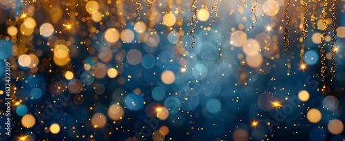 An illumination and decoration concept - bokeh lights on a dark blue background with a Christmas garland photo