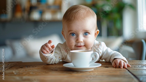 Curious Baby Reaching for Hot Coffee on Low Table, Potential Danger Scene photo