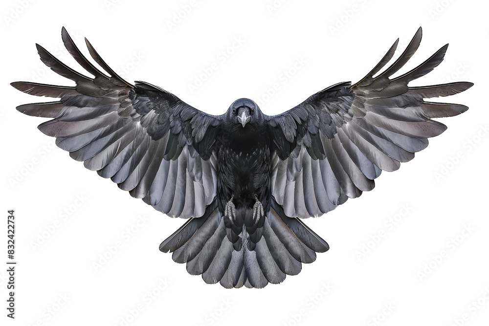 Fototapeta premium Close-up shot of a black raven in mid-flight with outstretched wings, showcasing its detailed feathers against a plain background.