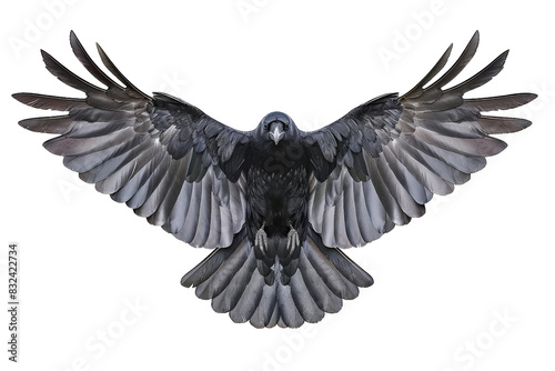 Close-up shot of a black raven in mid-flight with outstretched wings, showcasing its detailed feathers against a plain background.