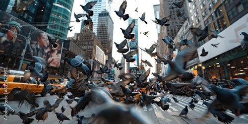 a image of a flock of pigeons flying over a city street