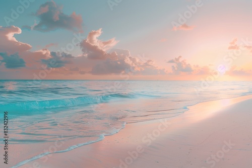 Closeup view of a sea sand beach. Panorama beach landscape. Views of a tropical seascape horizon. Sunny golden sunset sky calmness tranquil relaxation. Travel holiday banner. photo