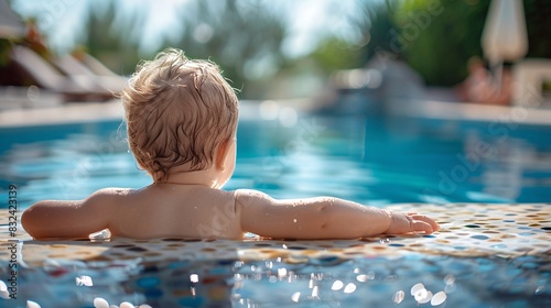 Curious Baby Reaching Towards Pool Water on the Edge   Sweet Infant Exploring Poolside Adventure © frank29052515