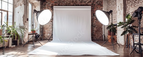 A professional photo of a product photography setup in a studio, with lighting and camera equipment