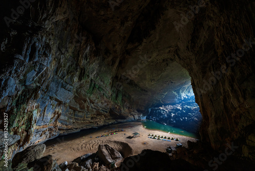 View above the camp site of Hang En Cave, the first cave and camp site of Son Doong trek in Vietnam. The cave is in Phong Nha - Ke Bang National Park, UNESCO world heritage site.