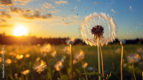 Dandelion standing alone in a vibrant meadow, intricately detailed and softly lit by the morning sunlight close up, delicate charm, realistic, composite, sunny field backdrop photo