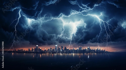 Dark clouds with lightning bolts over a city skyline illustrating economic depression close up, financial instability, ethereal, manipulation, urban backdrop photo
