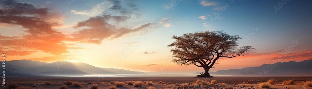 Naklejka premium Desert scene with a solitary tree, softly illuminated by morning light from behind focus on serene solitude, whimsical, blend mode, sunrise desert backdrop