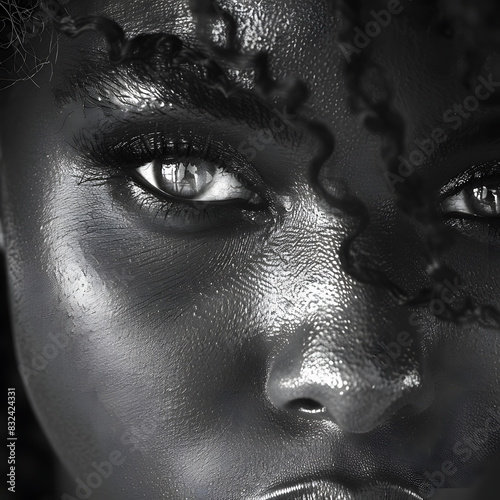 One paranoid worried young black woman macro close-up eyes looking sideways with intense preoccupation and obsession in dramatic black and white monochrome isolated on white background, isometry, png
 photo