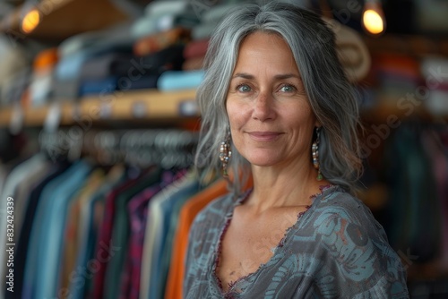 An elderly woman with stylish silver hair smiling in a clothing boutique