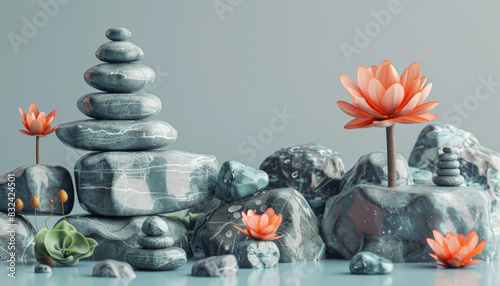 Gray stones and pink lotus flowers on a blue background. photo