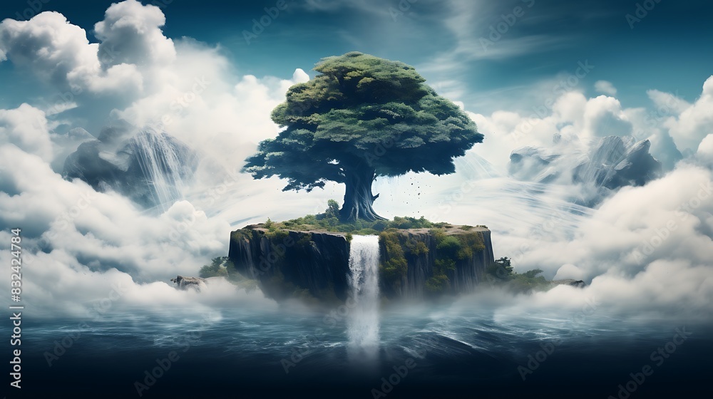 Fototapeta premium Surreal scene of a floating island in the sky with a lone tree and a waterfall cascading into the clouds