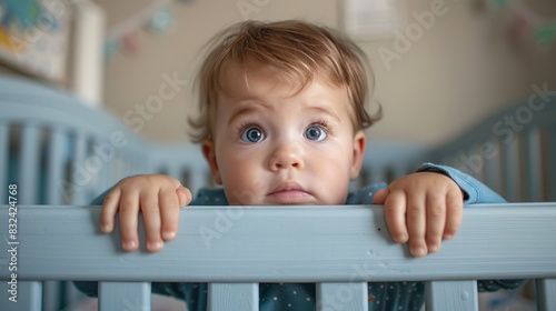 Curious Toddler Teetering on Crib Edge - Child Safety and Parenting Concept