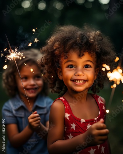 Children holding sparklers with the American flag in the background on Independence Day selective focus, festive joy, whimsical, composite, backyard backdrop photo