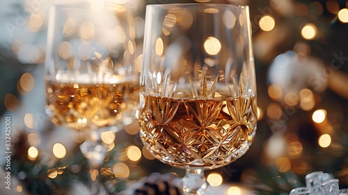 Detailed close-up of crystal glasses toasting, emphasizing the intricate glass patterns, elegant atmosphere, soft bokeh lights in the background, refined and luxurious, high-definition, 16:9 ratio  photo