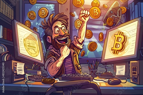 Man in room with computer screens and bitcoin logo