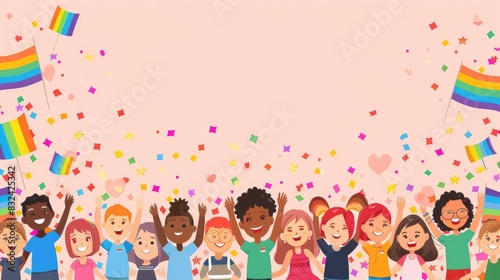 Pride Parade Fun: Diverse LGBTQ Cartoon Characters with Flags.