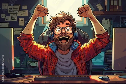 Illustration of a happy man working with computers
